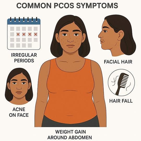 PCOS symptoms jaise irregular periods, acne, weight gain aur facial hair